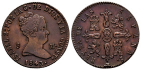 Elizabeth II (1833-1868). 8 maravedis. 1843. Segovia. (Cal-130). Ae. 9,84 g. Almost XF. Est...80,00. 

Spanish Description: Isabel II (1833-1868). 8...