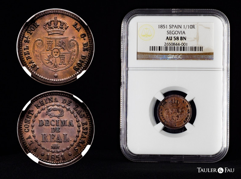 Elizabeth II (1833-1868). Decima de real. 1851. Segovia. (Cal-143). Ae. Slabbed ...