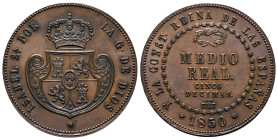 Elizabeth II (1833-1868). Medio real. 1850. Segovia. (Cal-155). Ae. 18,43 g. It retains some verdigris. A good sample. XF. Est...200,00. 

Spanish D...