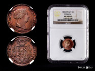 Elizabeth II (1833-1868). 5 centimos de real. 1856. Segovia. (Cal-161). Au. Slabbed by NGC as AU 58 BN. NGC-AU. Est...70,00. 

Spanish Description: ...