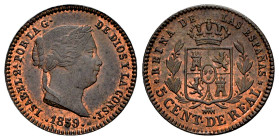 Elizabeth II (1833-1868). 5 centimos de real. 1859. Segovia. (Cal-164). Ae. 2,18 g. It retains some minor luster. Almost MS. Est...60,00. 

Spanish ...