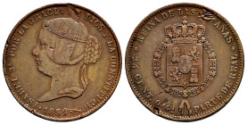 Elizabeth II (1833-1868). 25 centimos de real. 1859. Madrid. (Cal-185). Ae. 8,17 g. Non adopted trial made Fernández Pescador. Knocks. Very rare. VF. ...