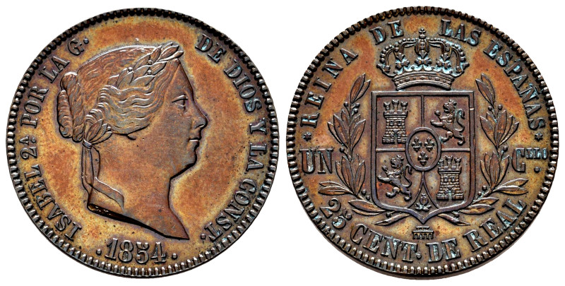 Elizabeth II (1833-1868). 25 centimos de real. 1854. Segovia. (Cal-187). Ae. 9,5...