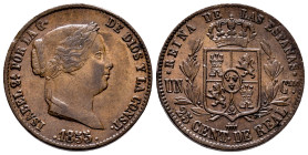 Elizabeth II (1833-1868). 25 centimos de real. 1855. Segovia. (Cal-188). Ae. 8,84 g. Minor nicks. Almost XF. Est...60,00. 

Spanish Description: Isa...