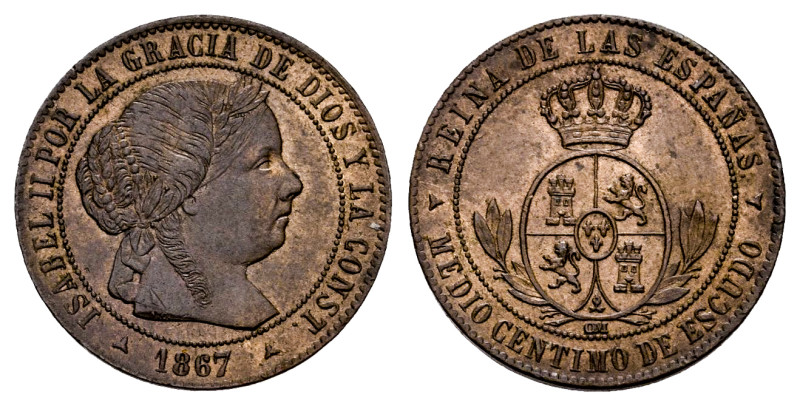 Elizabeth II (1833-1868). 1/2 centimo de escudo. 1867. Segovia. OM. (Cal-209). A...