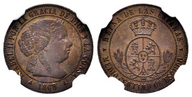 Elizabeth II (1833-1868). 1/2 centimo de escudo. 1868. Segovia. OM. (Cal-210). Ae. Slabbed. Original luster. Mint state. Est...90,00. 

Spanish Desc...