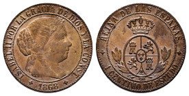 Elizabeth II (1833-1868). 1 centimo de escudo. 1868. Jubia. OM. (Cal-220). Ae. 2,61 g. A good sample. It retains some minor luster. XF/AU. Est...70,00...