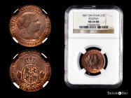 Elizabeth II (1833-1868). 2 1/2 centimos de escudo. 1867. Segovia. OM. (Cal-240). Ae. Slabbed by NGC as MS 64 RB. (Top Pop), the finest known in the N...