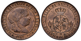 Elizabeth II (1833-1868). 2 1/2 centimos de escudo. 1867. Segovia. OM. (Cal-240). Ae. 6,39 g. It retains some minor luster. Almost XF/XF. Est...90,00....