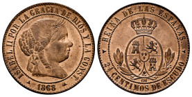 Elizabeth II (1833-1868). 2 1/2 centimos de escudo. 1868. Segovia. OM. (Cal-241). Ae. 6,36 g. Minor nick on edge. Plenty of original luster. Magnifice...