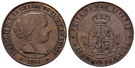 Elizabeth II (1833-1868). 5 centimos de escudo. 1866. Barcelona. Sin OM. (Cal-244). Ae. 12,28 g. Small planchet flaw on reverse. Scarce. Choice VF/Alm...