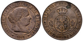 Elizabeth II (1833-1868). 5 centimos de escudo. 1868. Barcelona. OM. (Cal-246). Ae. 13,11 g. Rust on reverse. Hairline on the bust. Almost XF. Est...6...