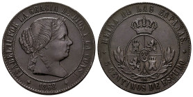 Elizabeth II (1833-1868). 5 centimos de escudo. 1868. Jubia. OM. (Cal-246). Ae. 12,48 g. Minor nick on edge. Choice VF/VF. Est...35,00. 

Spanish De...