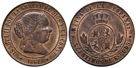 Elizabeth II (1833-1868). 5 centimos de escudo. 1867. Sevilla. OM. (Cal-261). Ae. 12,53 g. It retains some minor luster. XF/Almost XF. Est...90,00. 
...