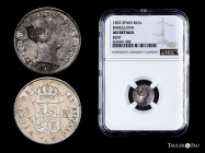 Elizabeth II (1833-1868). 1 real. 1852. Barcelona. (Cal-275). Ag. 1,30 g. Stained. Knock on edge. Some luster. Slabbed by NGC as AU Details, Bent. NGC...
