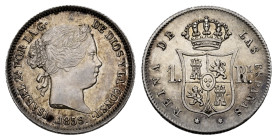 Elizabeth II (1833-1868). 1 real. 1859. Madrid. (Cal-308). Ag. 1,20 g. Soft tone. Original luster. XF. Est...50,00. 

Spanish Description: Isabel II...
