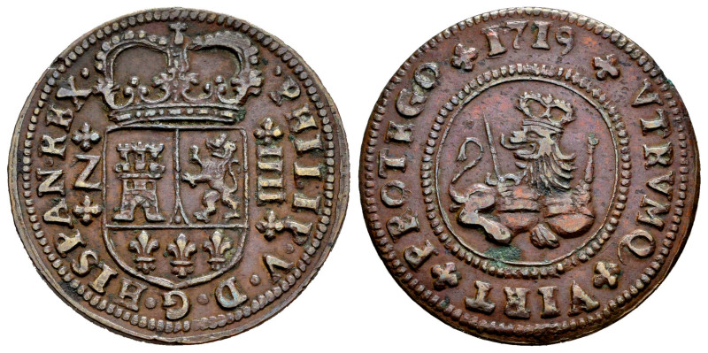 Philip V (1700-1746). 4 maravedis. 1719. Zaragoza. (Cal-101). Ae. 8,05 g. Choice...