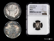 Elizabeth II (1833-1868). 2 reales. 1853. Barcelona. (Cal-345). Ag. 2,63 g. Slight patina. Original luster. Scarce. Slabbed by NGC as MS 61. NGC-MS. E...