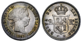 Elizabeth II (1833-1868). 2 reales. 1861. Madrid. (Cal-376). Ag. 2,58 g. Hairlines on obverse. It retains some minor luster. Attractive tone. A good s...