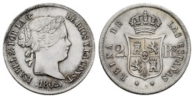 Elizabeth II (1833-1868). 2 reales. 1862. Madrid. (Cal-377). Ag. 2,65 g. Minor nick on edge. Slightly cleaned. Scarce in this grade. AU. Est...90,00. ...
