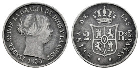 Elizabeth II (1833-1868). 2 reales. 1853. Sevilla. (Cal-391). Ag. 2,45 g. Toned. Almost VF/VF. Est...30,00. 

Spanish Description: Isabel II (1833-1...