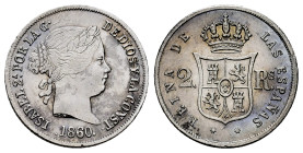 Elizabeth II (1833-1868). 2 reales. 1860. Sevilla. (Cal-399). Ag. 2,57 g. Choice VF/Almost XF. Est...100,00. 

Spanish Description: Isabel II (1833-...