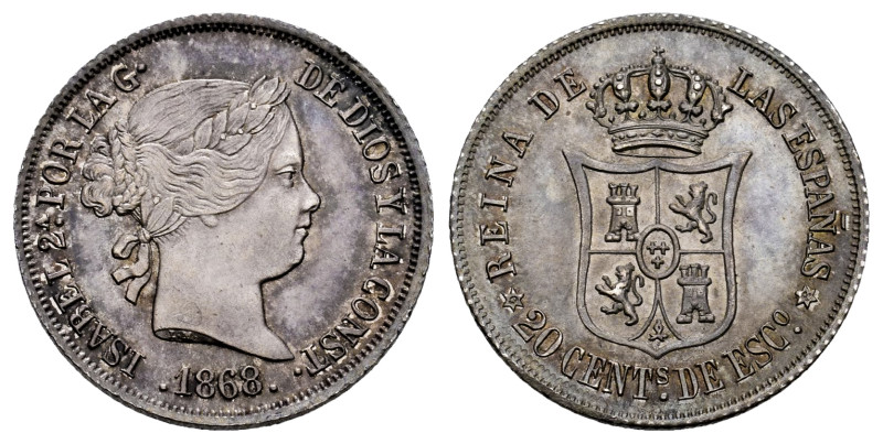 Elizabeth II (1833-1868). 20 centimos de escudo. 1868*6-8. Madrid. (Cal-407). Ag...