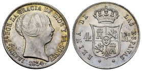 Elizabeth II (1833-1868). 4 reales. 1854. Madrid. (Cal-459). Ag. 5,18 g. Rayita en el cuello y otra finísima en la mejilla. Brillo original. Atractiva...