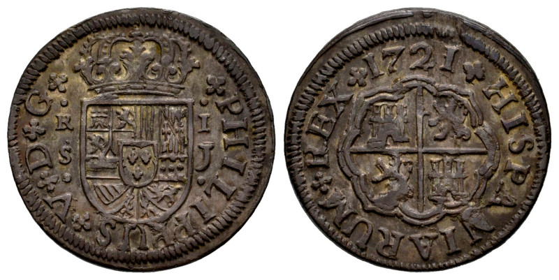 Philip V (1700-1746). 1 real. 1721. Sevilla. J. (Cal-645). Ag. 2,78 g. Toned. Ch...