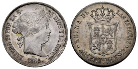 Elizabeth II (1833-1868). 40 centimos de escudo. 1865. Madrid. (Cal-500). Ag. 5,19 g. Slight tone in reverse. Choice VF. Est...90,00. 

Spanish Desc...