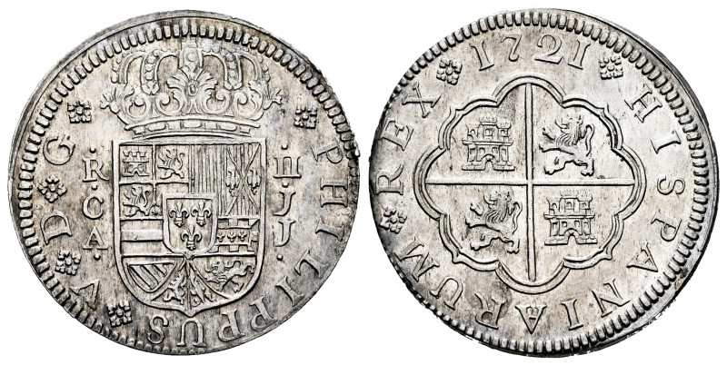 Philip V (1700-1746). 2 reales. 1721. Cuenca. JJ. (Cal-671). Ag. 6,27 g. Origina...