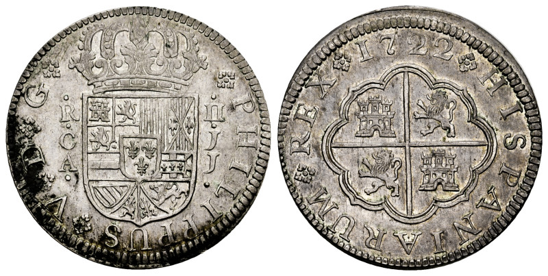 Philip V (1700-1746). 2 reales. 1722. Cuenca. JJ. (Cal-672). Ag. 5,65 g. Delicat...