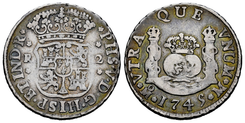 Philip V (1700-1746). 2 reales. 1745. Mexico. M. (Cal-833). Ag. 6,63 g. Almost V...