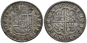 Philip V (1700-1746). 4 reales. 1734. Madrid. JF. (Cal-1064). Ag. 13,13 g. Beautiful patina. Scarce. Choice VF/VF. Est...300,00. 

Spanish Descripti...