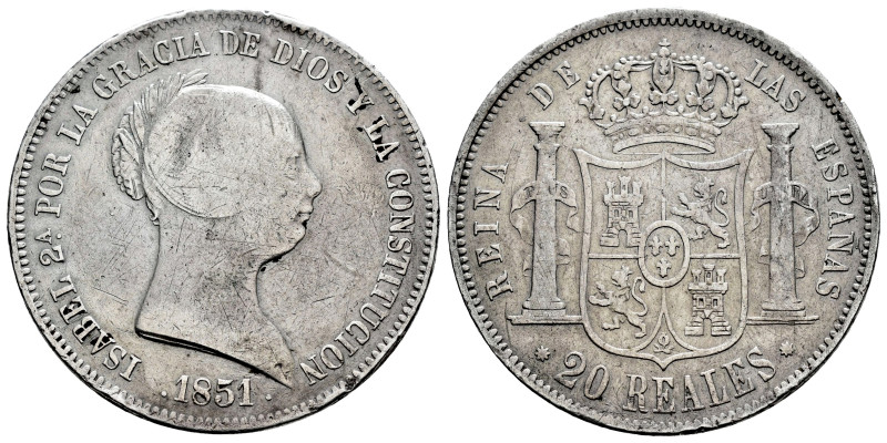 Elizabeth II (1833-1868). 20 reales. 1851. Barcelona. (Cal-570). Ag. 25,91 g. Kn...