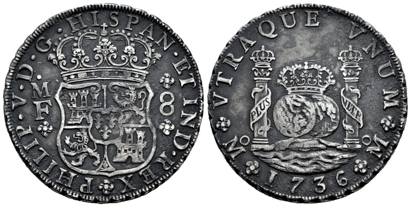 Philip V (1700-1746). 8 reales. 1736. Mexico. MF. (Cal-1445). Ag. 26,92 g. Patin...