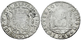 Philip V (1700-1746). 8 reales. 1738. Mexico. MF. (Cal-1449). Ag. 26,63 g. Traces of welding on obverse. Planchet defect on edge. Almost VF. Est...250...