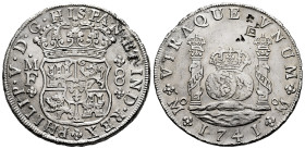 Philip V (1700-1746). 8 reales. 1741. Mexico. MF. (Cal-1458). Ag. 26,35 g. Surface corrosion removed. Chopmarked. Choice VF/Almost XF. Est...500,00. ...