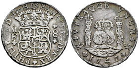 Philip V (1700-1746). 8 reales. 1747. Mexico. MF. (Cal-1134). Ag. 26,83 g. Repaired welding on obverse. Choice VF. Est...350,00. 

Spanish Descripti...