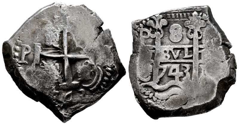 Philip V (1700-1746). 8 reales. 1743. Potosi. C. (Cal-1584). Ag. 27,28 g. Double...