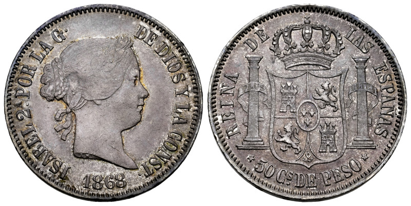 Elizabeth II (1833-1868). 50 centavos de peso. 1868. Manila. (Cal-667). Ag. 13,0...