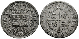 Philip V (1700-1746). 8 reales. 1718. Sevilla. M. (Cal-1617). Ag. 25,04 g. Shield of Burgundy with 3 fleurs de lis. Patina. Scarce. VF. Est...400,00. ...