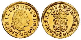 Philip V (1700-1746). 1/2 escudo. 1744. Sevilla. PJ. (Cal-1648). Au. 1,77 g. Second bust. Scarce. Choice VF. Est...220,00. 

Spanish Description: Fe...