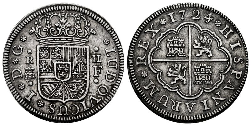 Louis I (1724). 2 reales. 1724. Segovia. F. (Cal-28). Ag. Very scarce. Almost XF...