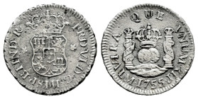 Ferdinand VI (1746-1759). 1/2 real. 1755. Lima. JD. (Cal-54). Ag. 1,35 g. Corrosion from salt water immersion. Scarce. Choice F/Almost VF. Est...40,00...