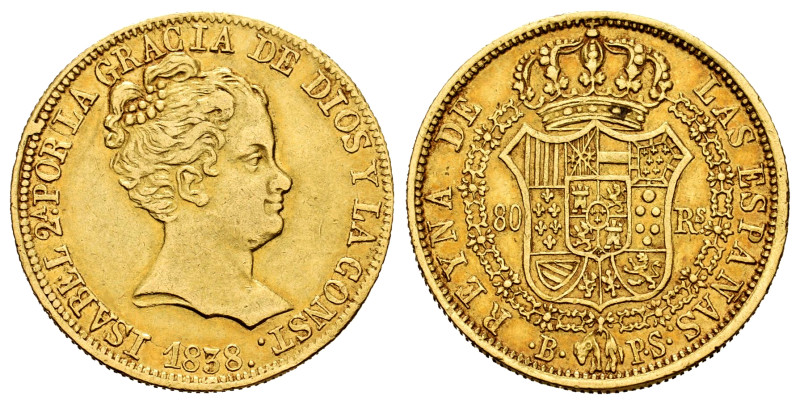 Elizabeth II (1833-1868). 80 reales. 1838. Barcelona. PS. (Cal-702). Au. 6,76 g....