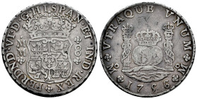Ferdinand VI (1746-1759). 8 reales. 1756. Mexico. MM. (Cal-491). Ag. 26,67 g. Small planchet flaw on obverse. Graffiti on reverse. VF/Almost VF. Est.....