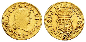 Ferdinand VI (1746-1759). 1/2 escudo. 1758. Sevilla. JV. (Cal-586). Au. 1,74 g. Minor nick on obverse. Choice F/Almost VF. Est...120,00. 

Spanish D...