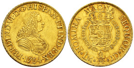 Ferdinand VI (1746-1759). 8 escudos. 1754. Lima. JD. (Cal-767). (Cal onza-581). Au. 26,95 g. The only year with this assayer. Without value indication...