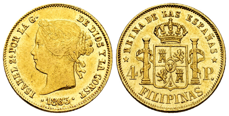 Elizabeth II (1833-1868). 4 pesos. 1863/53. Manila. (Cal-855). Au. 6,77 g. It re...